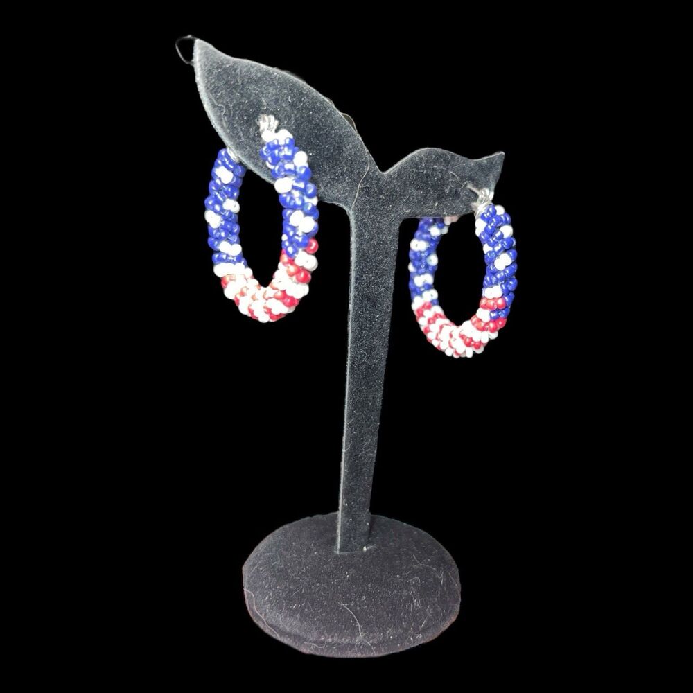 American Flag Star Hoop Earrings Patriotic 4th of July Red White Blue USA - Picture 2 of 5